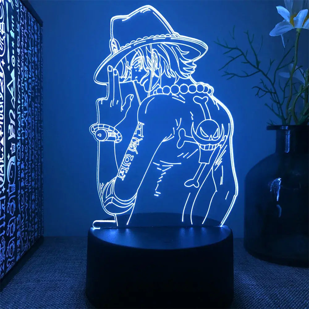Blue illuminated one piece luffy zoro nami 3d led night light with acrylic panel and remote control, 7-color changing