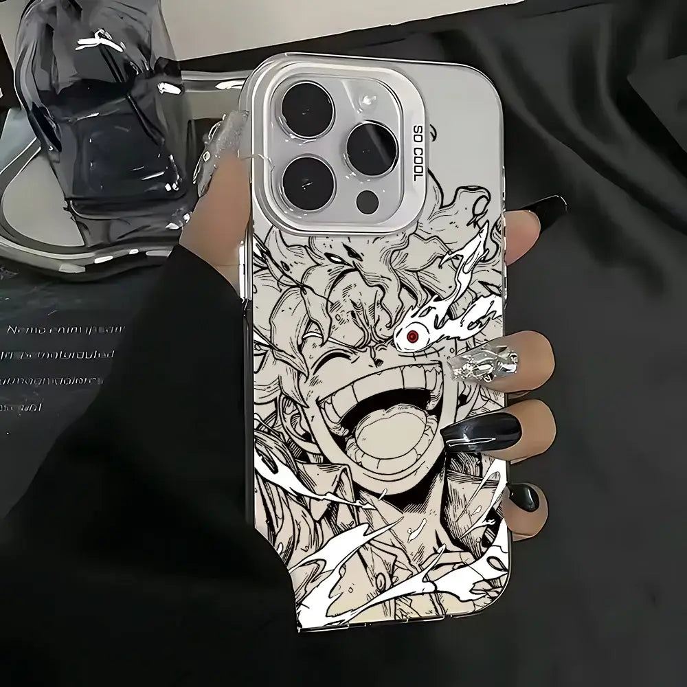 Black-and-white matte anti-fall phone case featuring dynamic one piece luffy zoro anime character held in hand