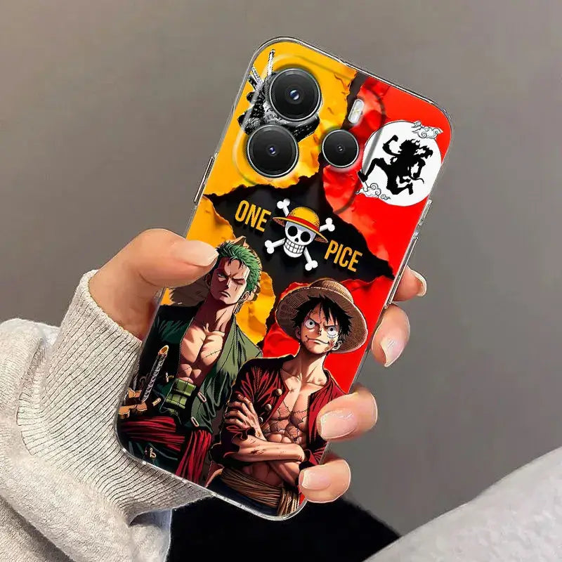 Vibrant transparent shockproof phone case featuring piece luffy zoro design on bold yellow and red background