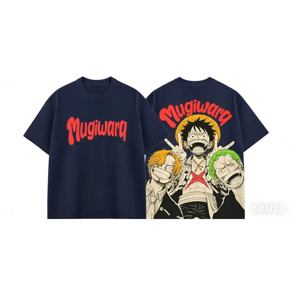 Navy blue short sleeves one piece luffy zoro sanji tee with vibrant red mugiwara logo front and colorful back design for everyday style