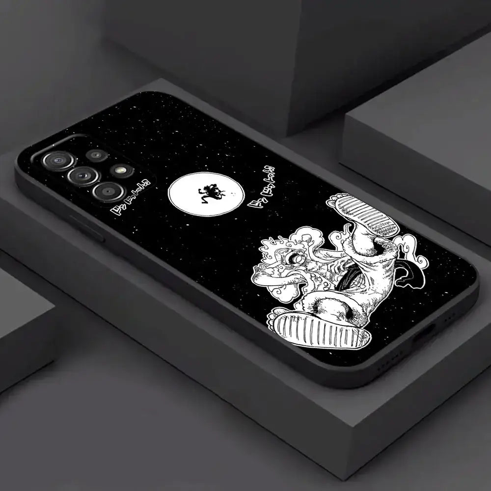 Black samsung galaxy phone case with white cosmic line art of piece monkey d luffy on the back side