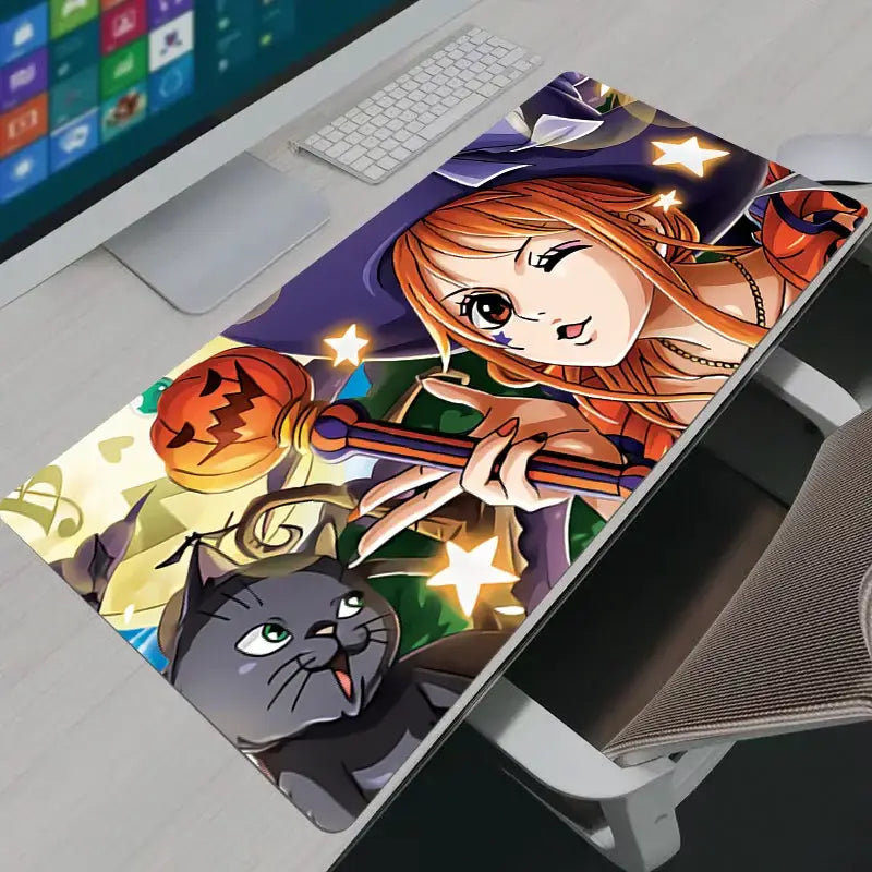 One piece nami mouse pad large desk mat with vibrant halloween-themed anime witch and cat illustration