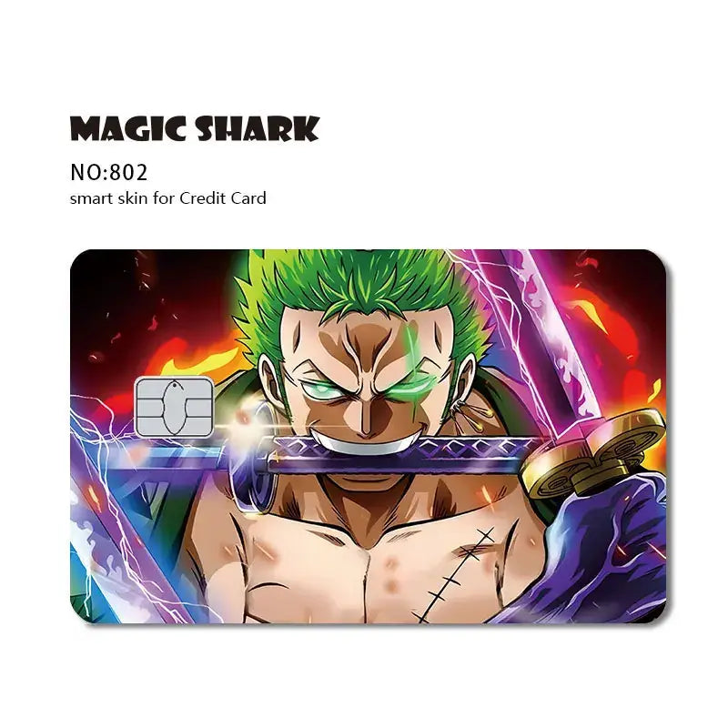 Vibrant one piece shark card skin with roronoa zoro design featuring green hair sword on 3m pvc matte no-fade card skin