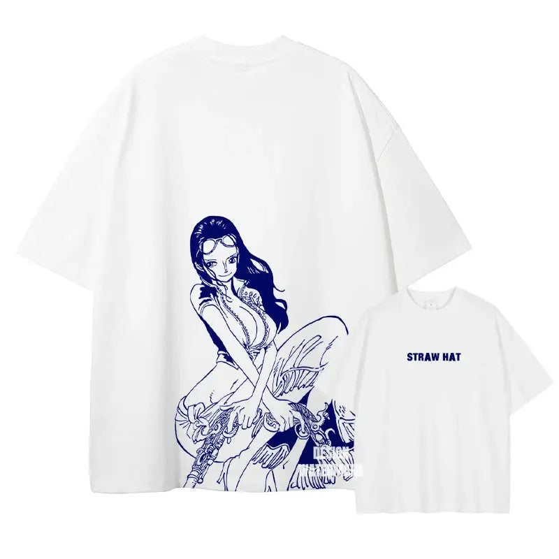White oversized t-shirt with blue line-art anime illustration on back and straw hat printed on chest for straw hat pirates fans