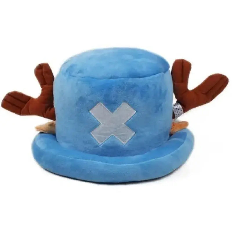 Blue plush tony chopper hat with brown reindeer antler cap and silver x emblem perfect for cosplay and fans