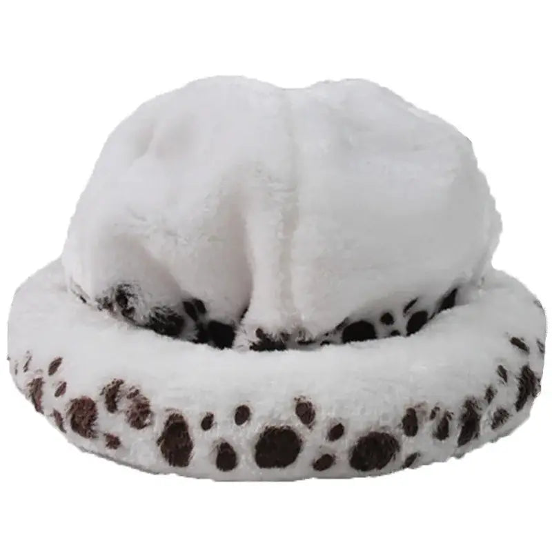 White plush pet bed with brown paw print pattern featured alongside trafalgar law cosplay hat for comfort and style