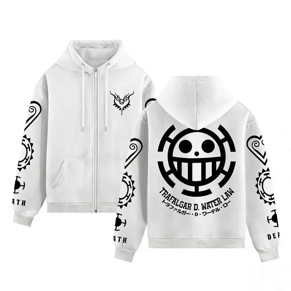 White zip up hoodie with black straw hat pirates logo and text featuring trafalgar law piece trafalgar law design