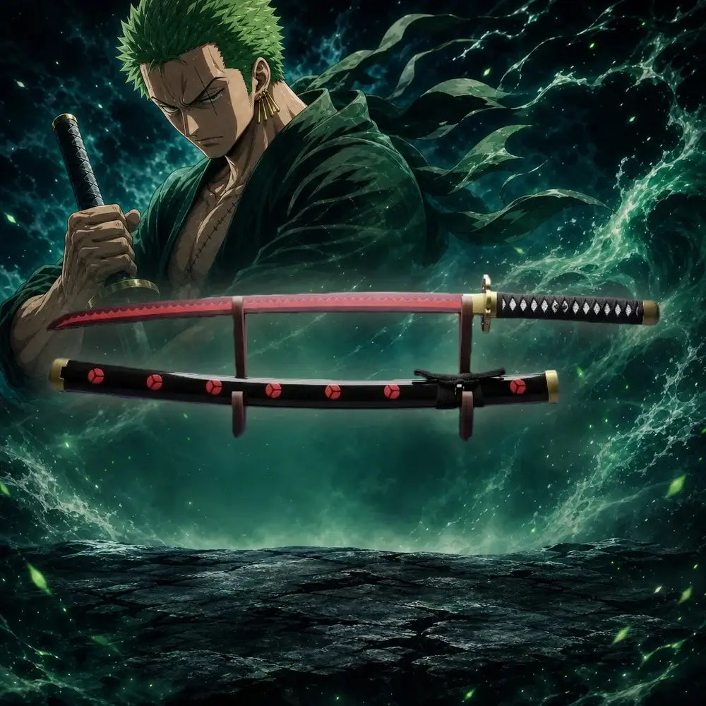 Red-bladed katana sword with black handle gold accents and red scabbard markings for one piece zoro cosplay prop