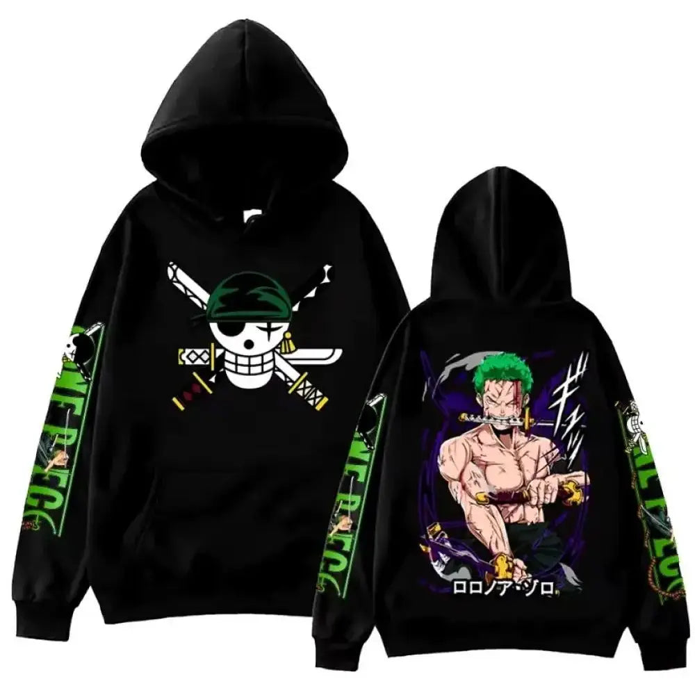 Black cotton one piece zoro oversized hoodie with skull crossed swords front and green haired character back design