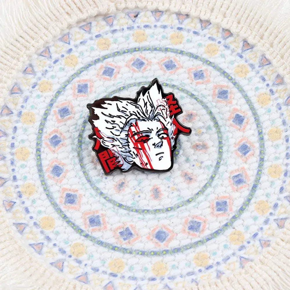 White and red enamel one punch man garou lapel pin featuring stylized anime character with kanji details