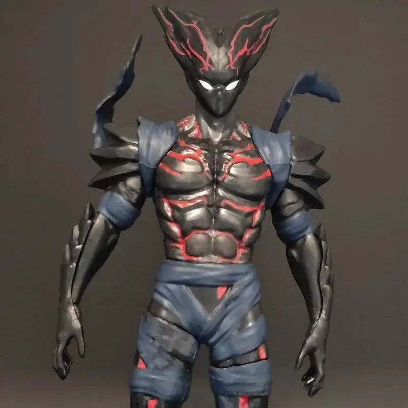 Black and red armored one punch man hungry wolf desktop figure with glowing eyes and lightning patterns in starry sky pvc