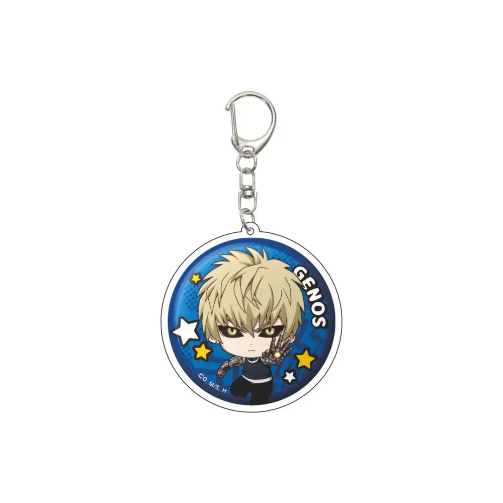 Blue circular acrylic keychain featuring chibi genos from punch man with starry background 55mm model plate