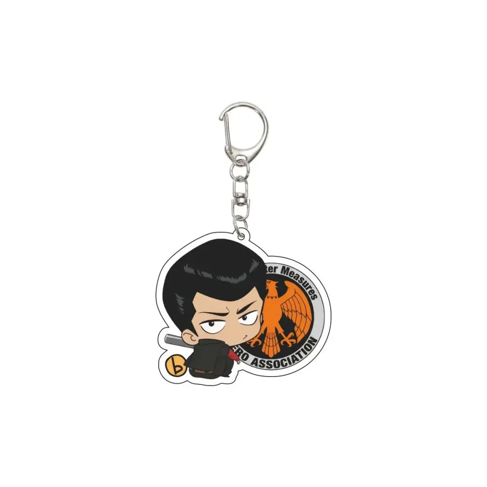 Black and orange acrylic punch man saitama keychain 55mm plate with chibi character holding gun and zero association emblem
