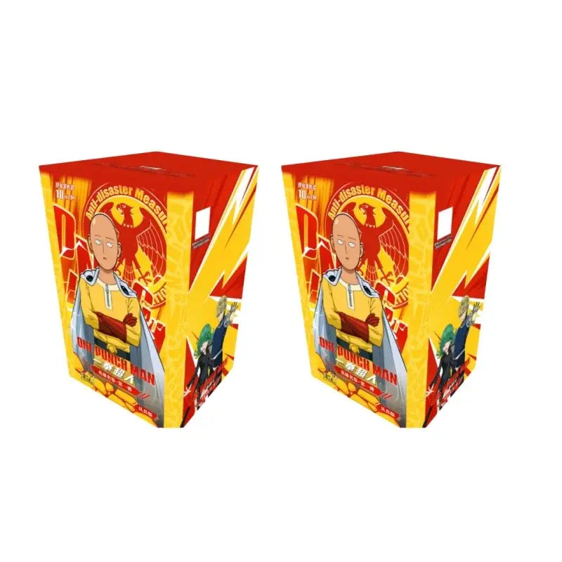 One punch man saitama card namebook battle collection featuring red and yellow punch man boxes with bold graphics and eagle emblem