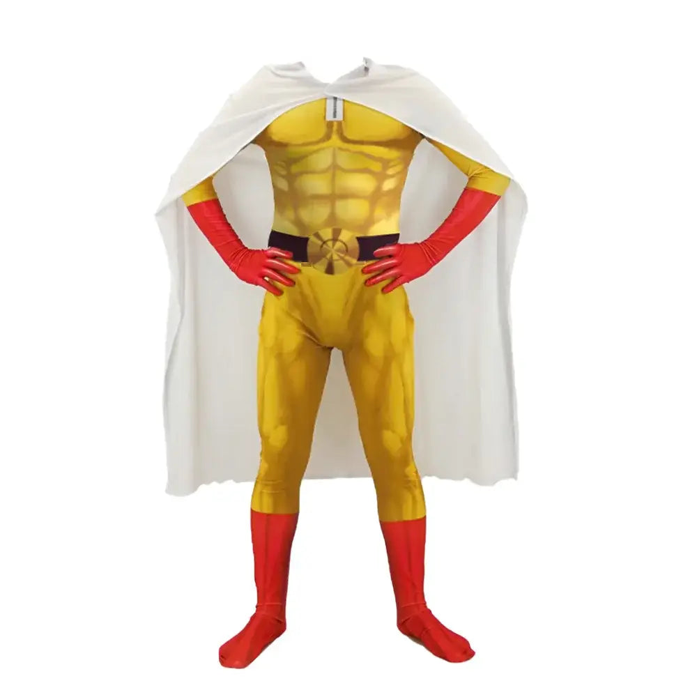 Yellow and red one punch man saitama cosplay bodysuit with white cape and cloak for anime costume use