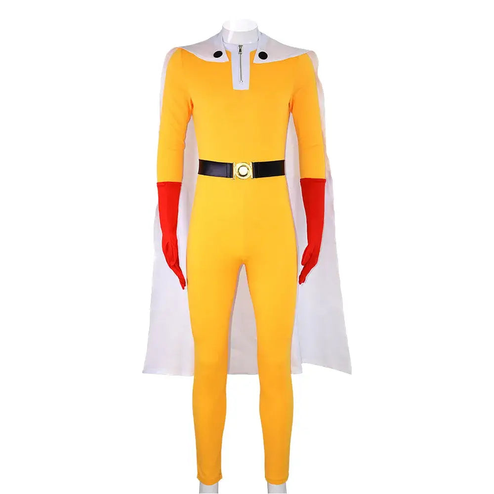 Bright yellow one-piece punch man saitama cosplay suit with red gloves white cape and black belt with gold buckle full set