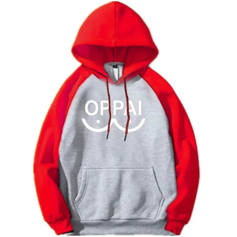 Red and gray punch man saitama oversized hoodie with contrasting sleeves and white oppai graphic on chest