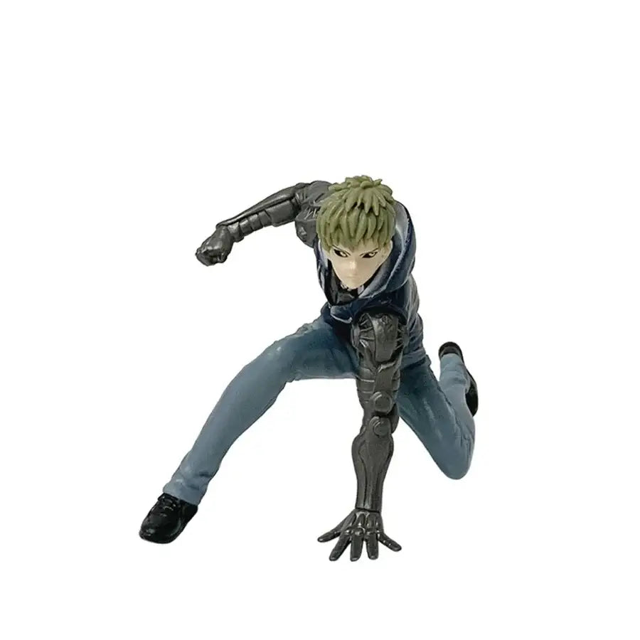Detailed punch man saitama pvc figure with spiky green hair and metallic gray robotic arms 16cm collection model