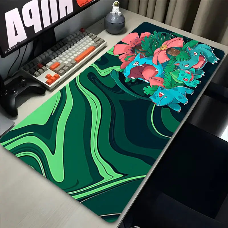 Vibrant green and teal marbled Bulbasaur mouse pad desk mat featuring Bulbasaur Ivysaur and Venusaur with pink flowers