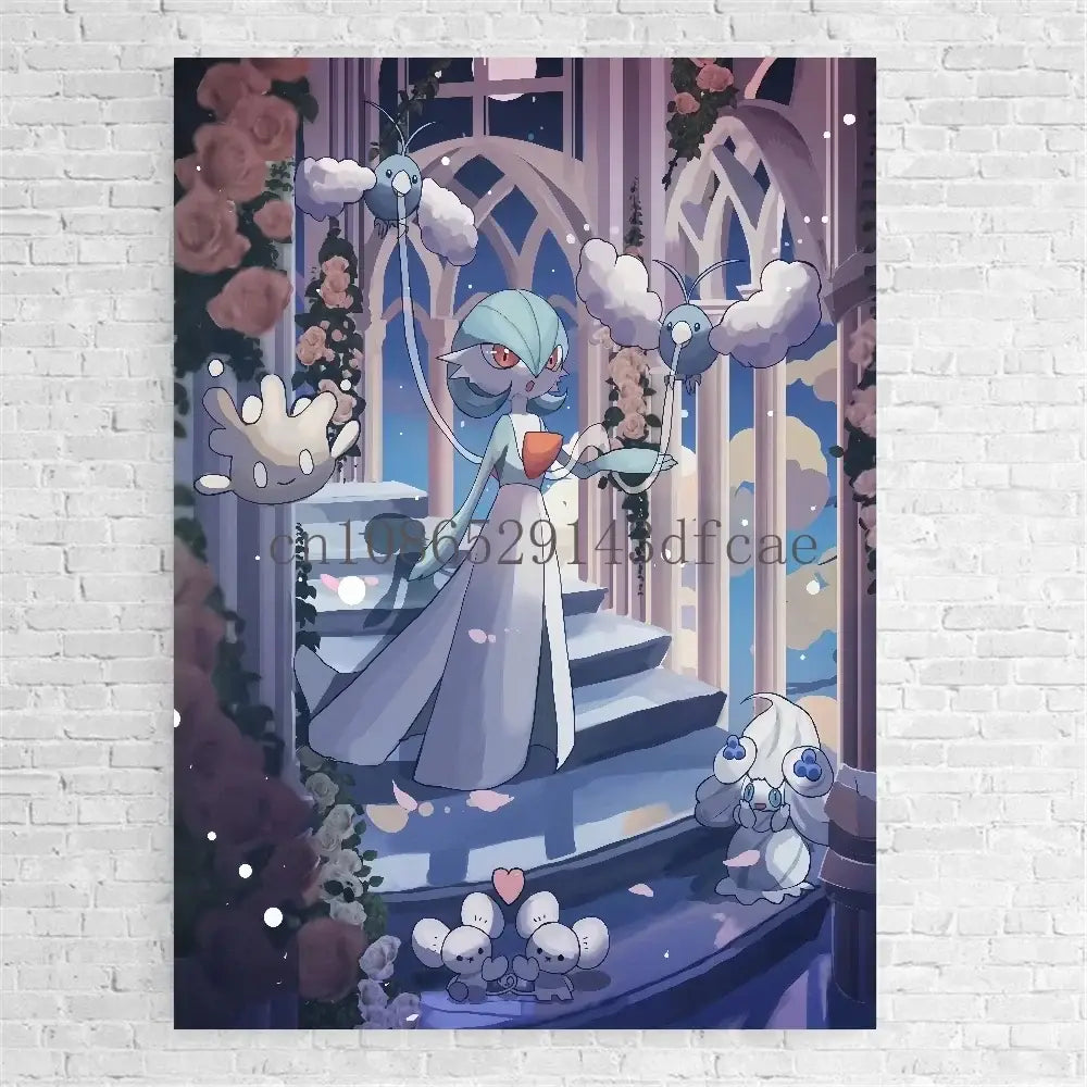 Pokemon bulbasaur trio canvas print wall art featuring anime-style figure in white gown with blue accents and whimsical creatures