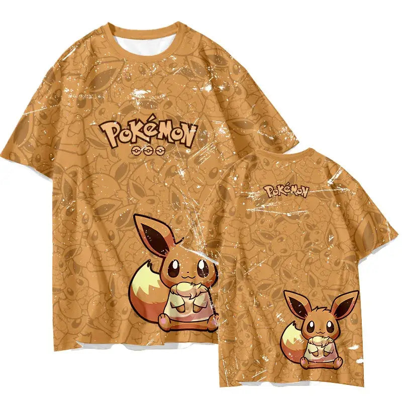 Tan Pokémon Eevee quick-dry t-shirt featuring full-body Eevee print with food and brown Pokémon logo for parent and child