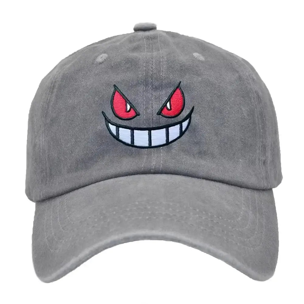Gray adjustable sun hat featuring an embroidered gengar baseball cap face with red eyes and a wide toothy grin