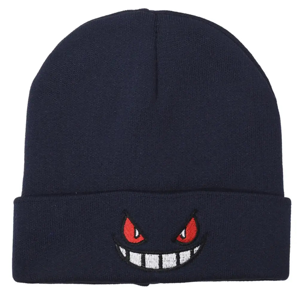 Dark navy pokemon gengar knit beanie with embroidered red eyes and white toothy grin winter hat for cold weather