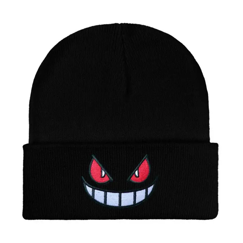 Black knitted beanie featuring an embroidered Gengar face with red eyes and toothy grin winter hat