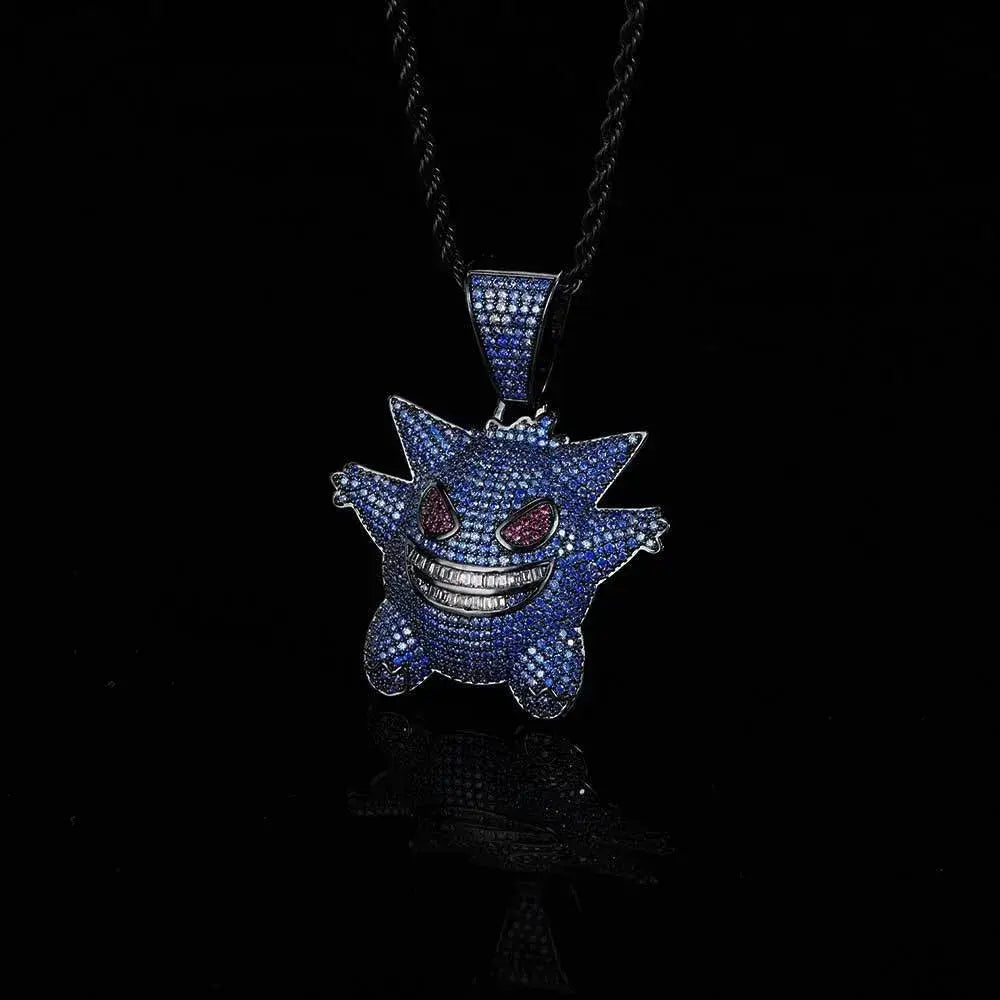 Blue and red gemstone-encrusted gengar pendant necklace on black chain hip hop style pendant necklace