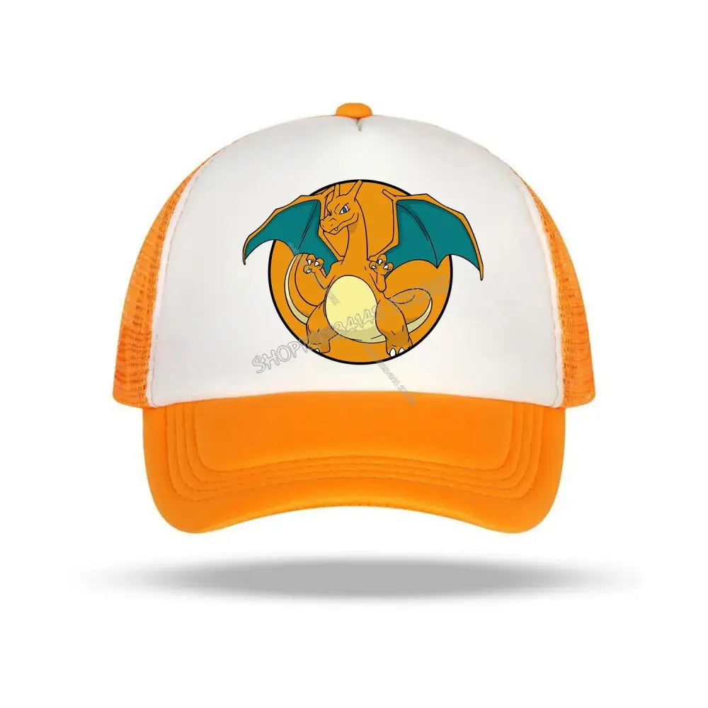 Orange and white baseball cap featuring a circular charizard graphic with teal wings from pokémon cartoon for kids and adults