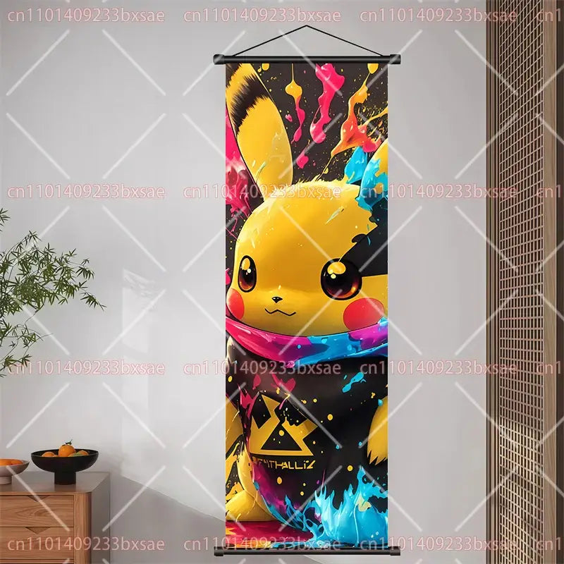 Vibrant yellow pikachu hanging scroll with colorful paint splatter on black background pokemon pikachu eevee wall decor