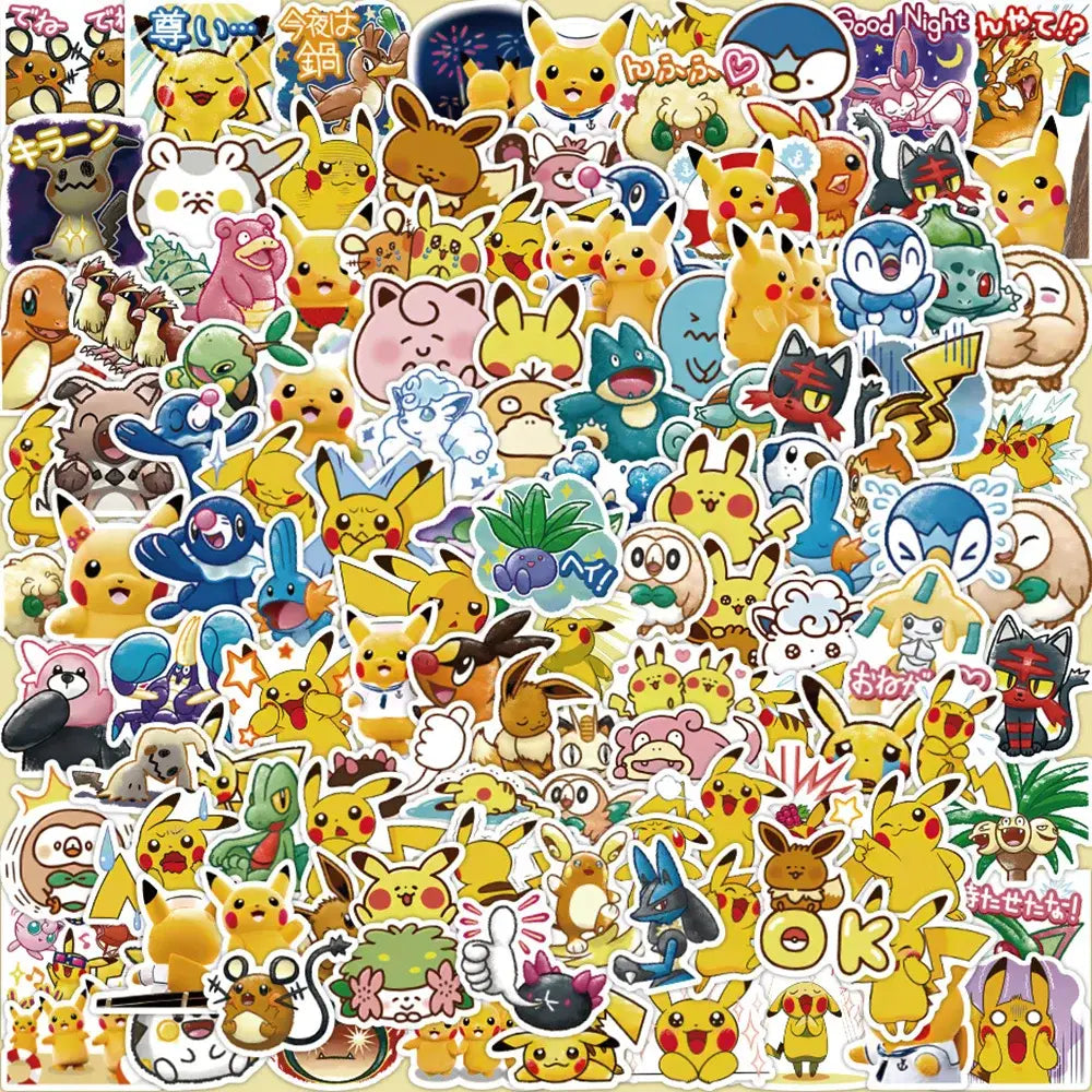 A vibrant collection of colorful pokemon pikachu waterproof stickers featuring various poses for laptops and phones