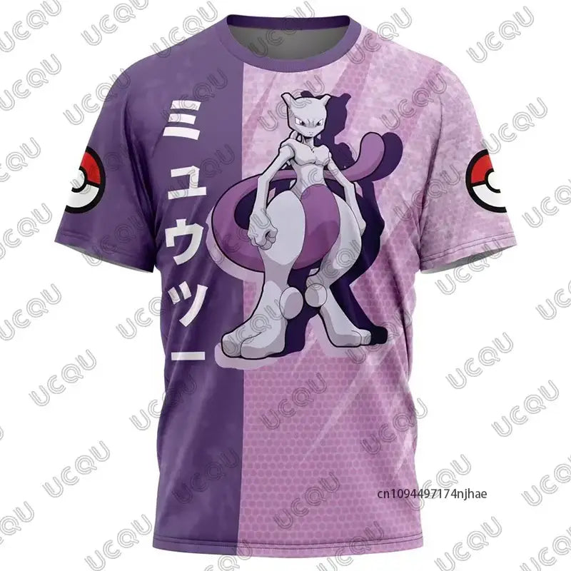 Purple gradient short-sleeved t-shirt with detailed mewtwo graphic and japanese text enhancing snorlax print visual appeal