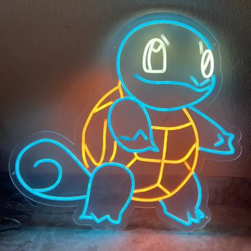 Pokemon squirtle led neon sign glowing with blue outlines and an orange shell usb dimmable for room decor