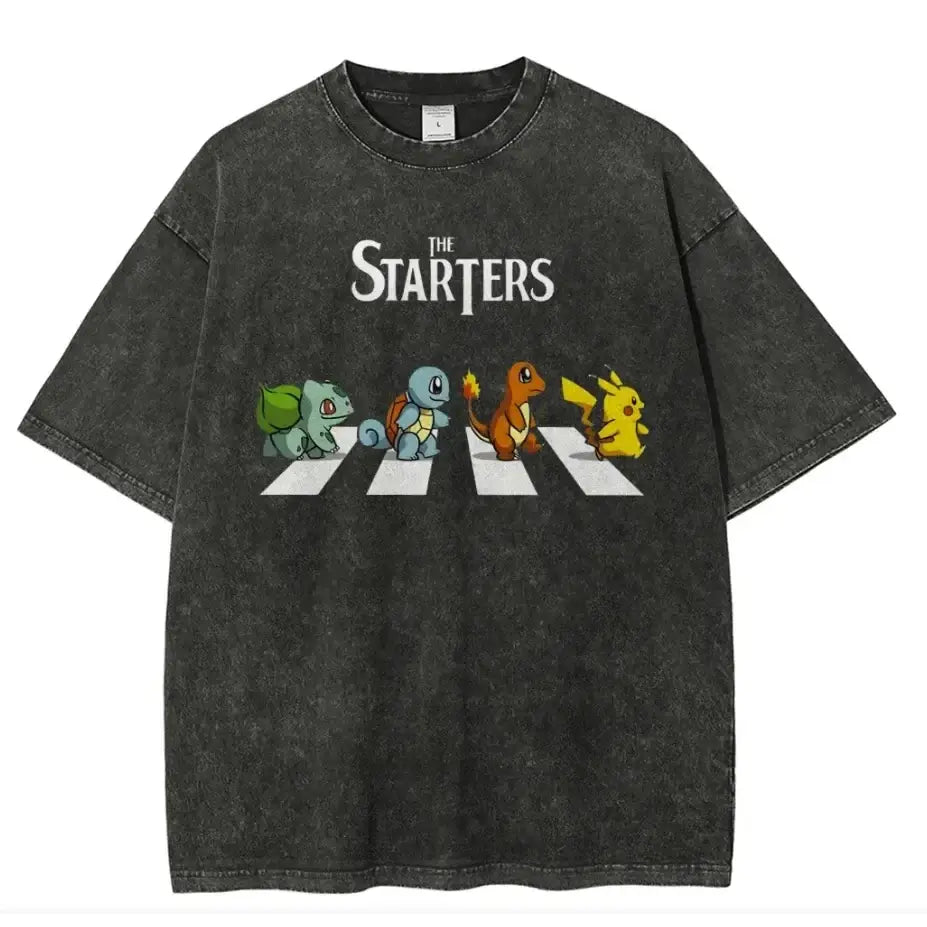 Black distressed cotton pokemon starters oversized t-shirt with acid wash finish and graphic of starters crossing zebra street