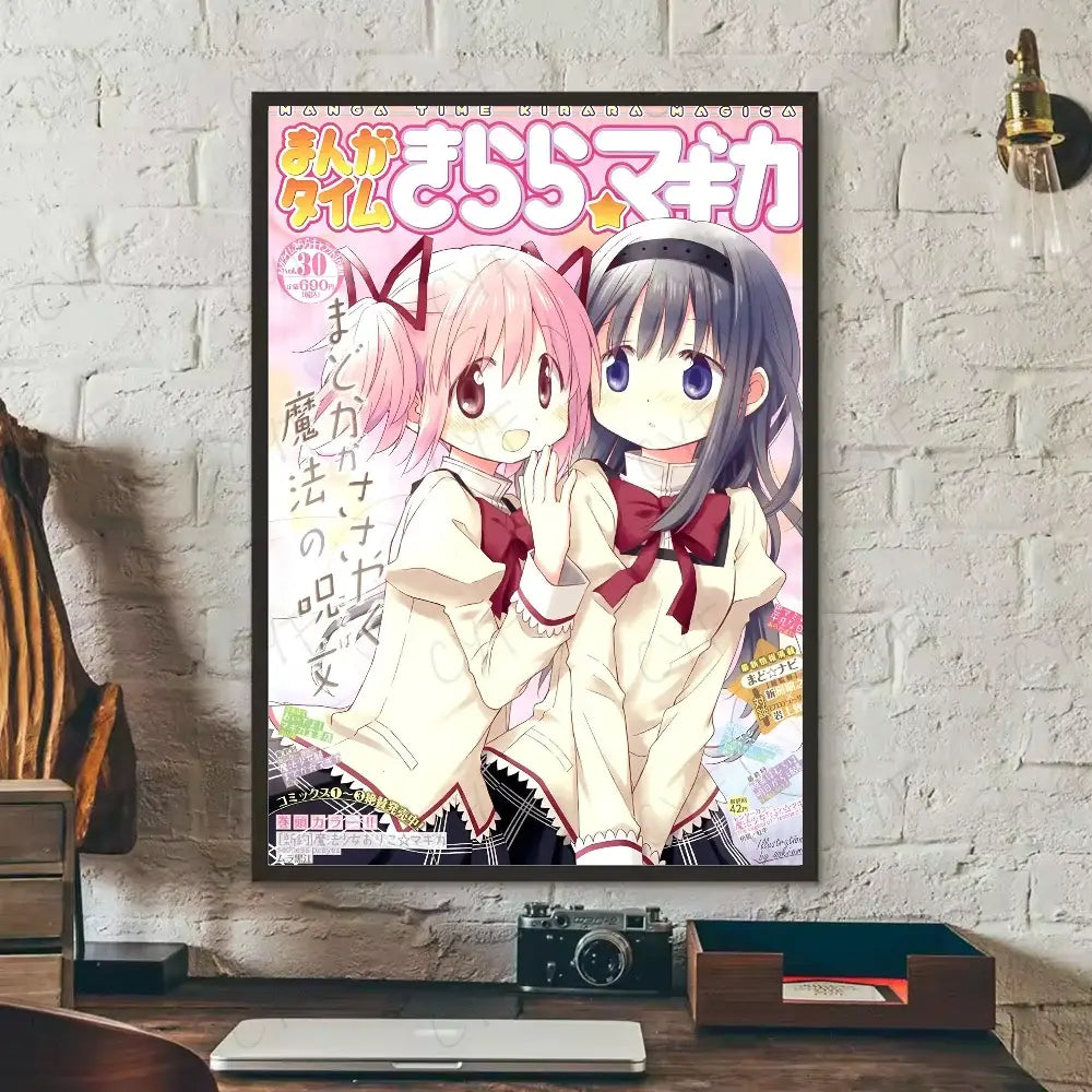 A framed puella magi madoka poster with two anime girls in school uniforms featuring waterproof wall art design
