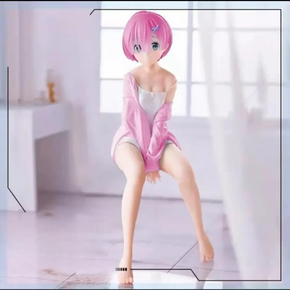 Re zero rem sitting chair pvc figure featuring pink short hair, detailed character styling, light pink robe, and gray shorts