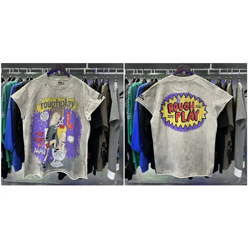 Faded gray cotton sleeveless t-shirt with vibrant rough play graphic and rhinestone print on purple background