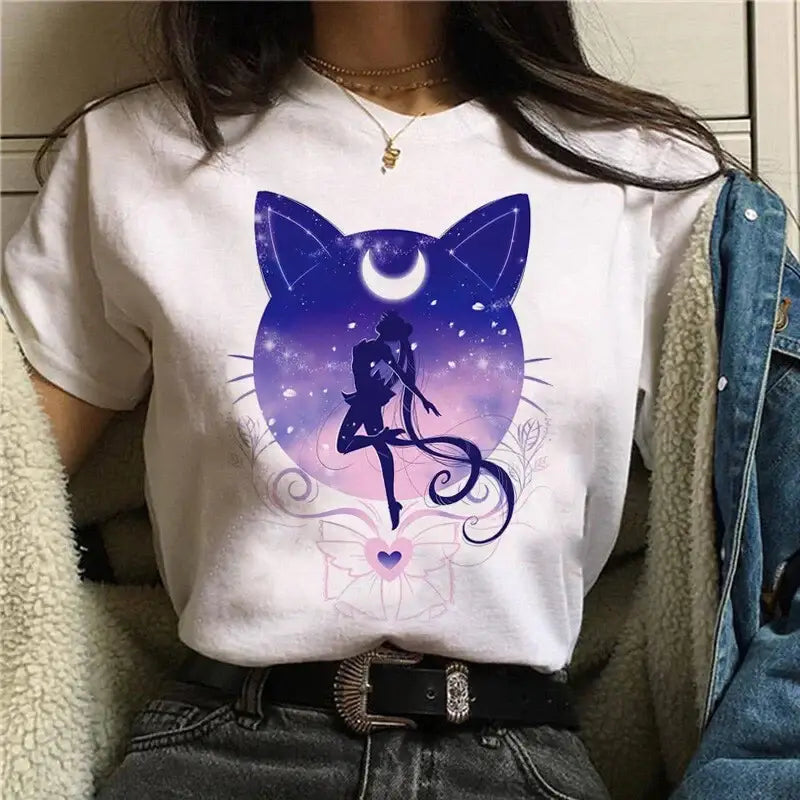 White cotton short sleeve graphic tee featuring vibrant purple and pink sailor moon inside a cat-shaped galaxy design