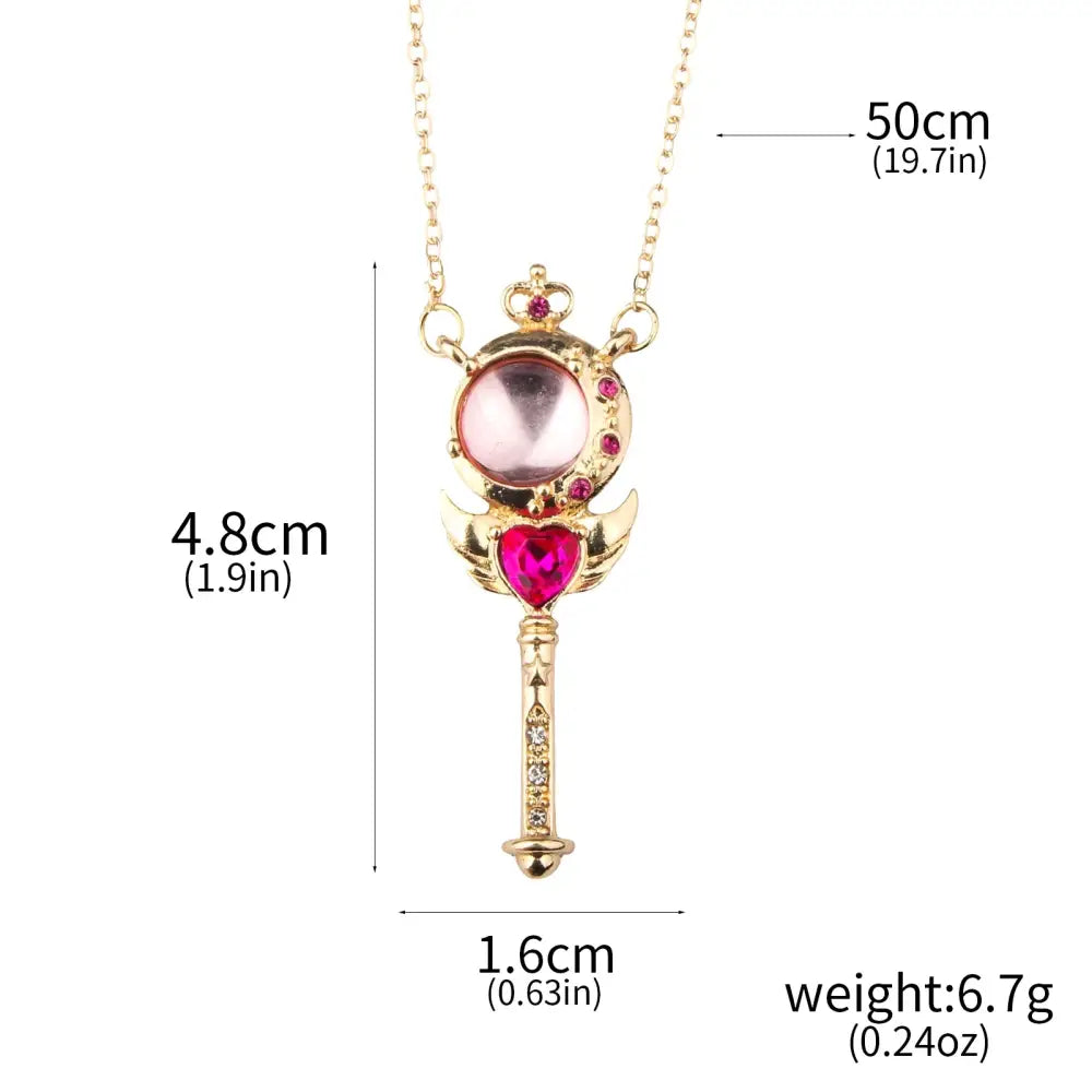 Gold-colored magical wand pendant necklace with pink gemstone and red heart crystal in sailor moon tsukino necklace set