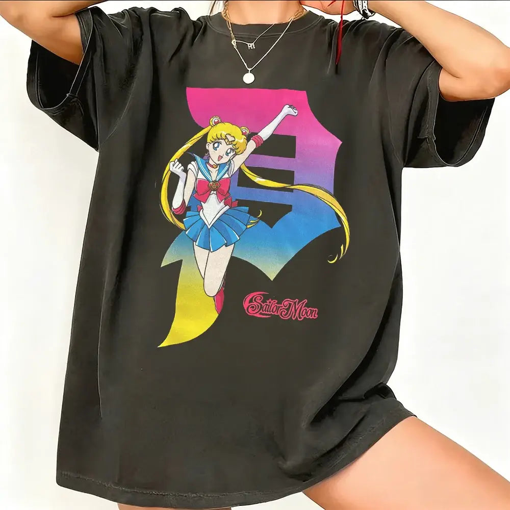 Black oversized sailor moon graphic t-shirt with vibrant gradient design breathable cotton short sleeve tee