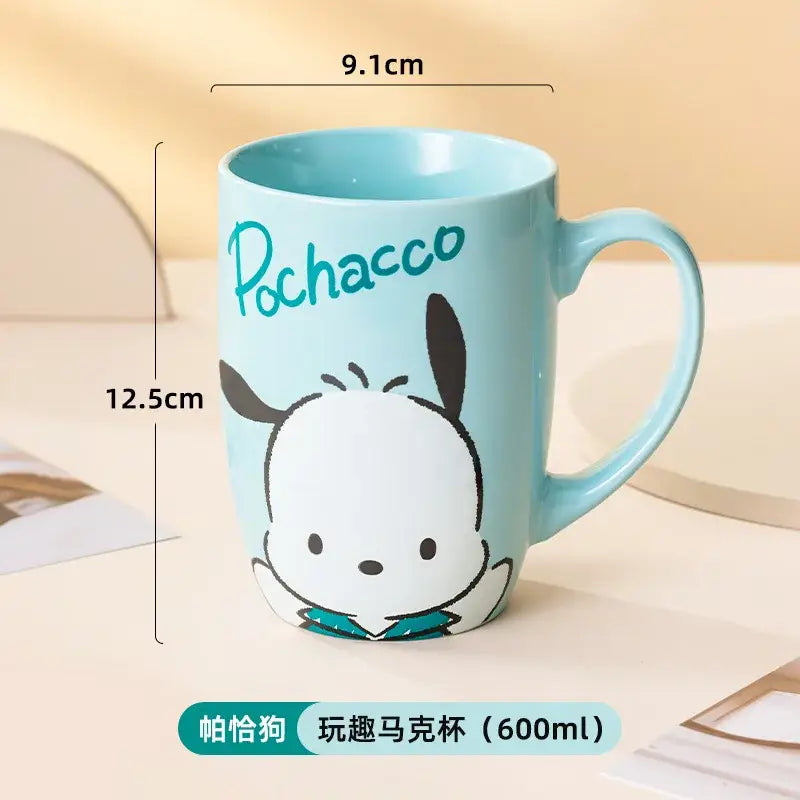Light blue ceramic mug featuring cartoon Pochacco with teal bow labeled Pochacco fun mug 600ml Sanrio Hello Kitty ceramic mug