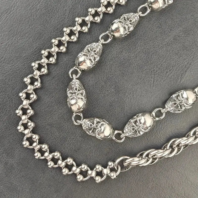 Silver skull-themed stainless steel pants chain with alternating polished and textured links for biker style