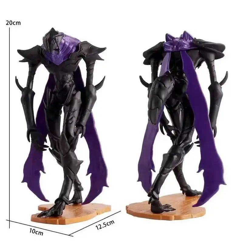 Black and purple armored ant king beru pvc statue with flowing cape standing on wooden base from solo leveling collectible