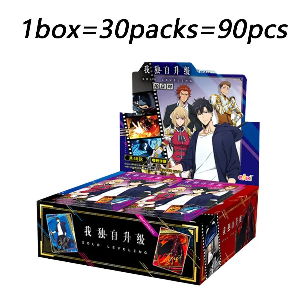 A vibrant solo leveling character polaroid cards box featuring colorful anime art with bold purple red and black design elements