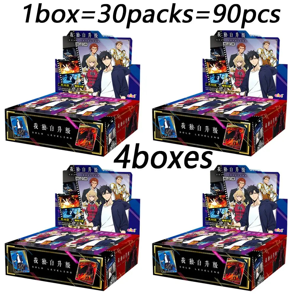 Four boxes of solo leveling character polaroid cards with 90 packs total from the mr ur ssr set for collectors