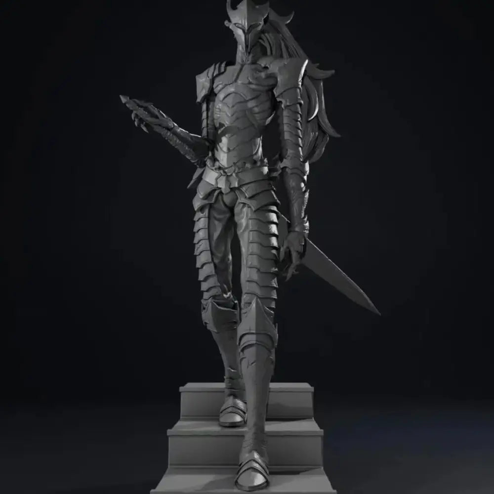 Gray metallic fantasy warrior figurine with intricate scale armor and sword solo leveling igris garage kit unpainted model