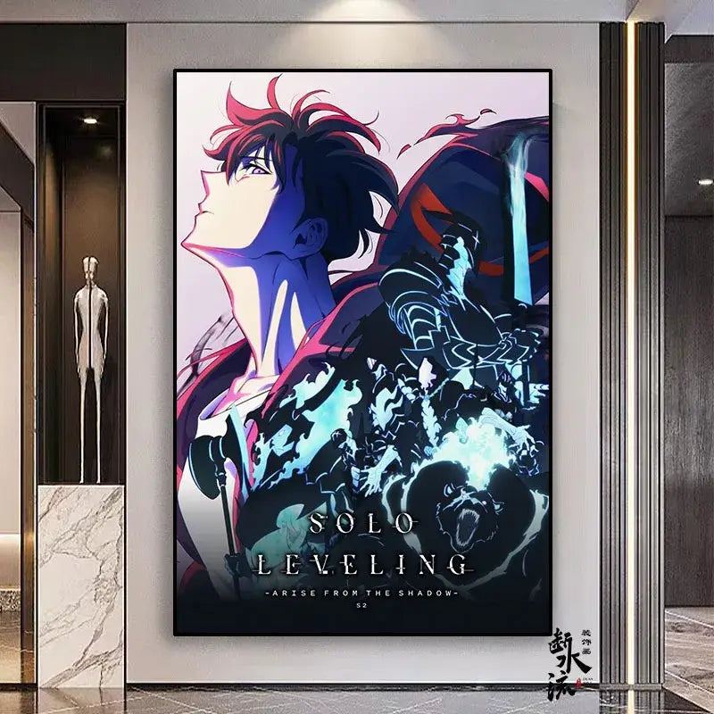 Vibrant solo leveling sung jin-woo frameless canvas with red and black hair character and dynamic blue energy effects in multiple sizes