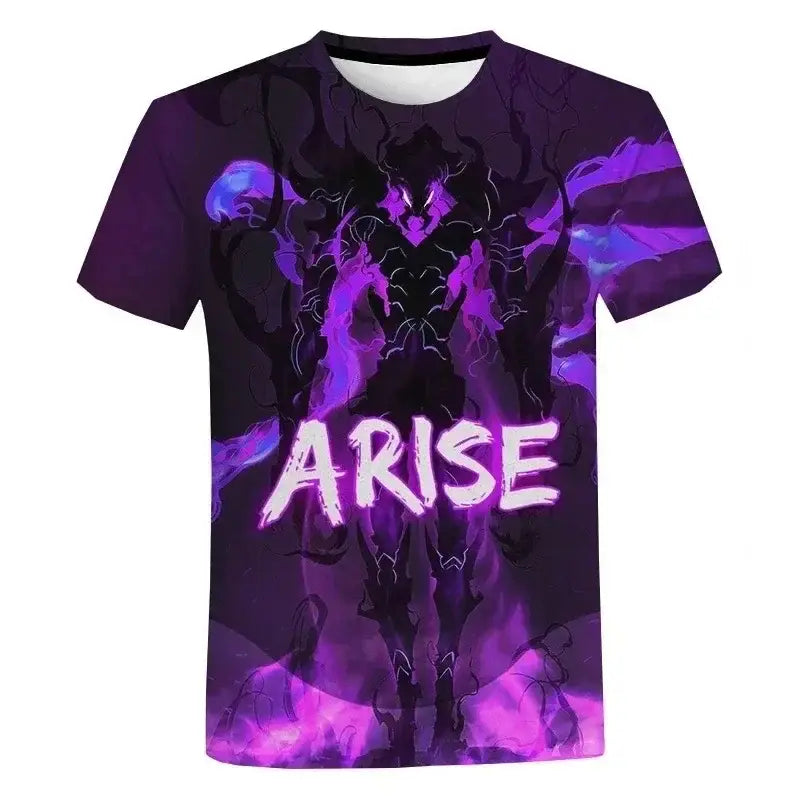 Purple and black solo leveling sung oversized quick-dry tee with stylized demonic figure and bold arise lettering