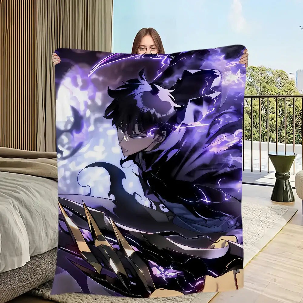 Purple and black solo leveling plush blanket with soft flannel fabric featuring dynamic lightning character design